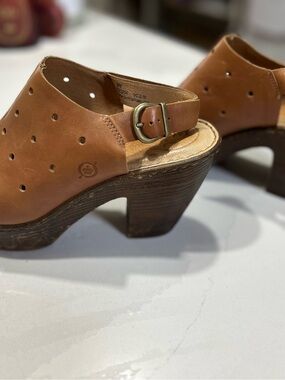 Born Tan Leather Perforated Clog Mules with Buckle